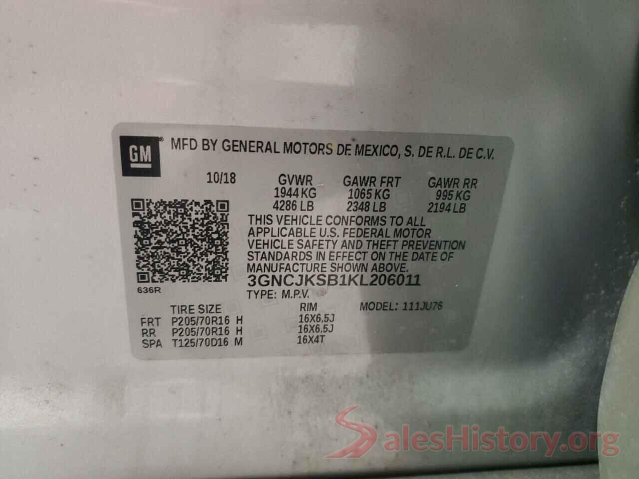 3GNCJKSB1KL206011 2019 CHEVROLET TRAX