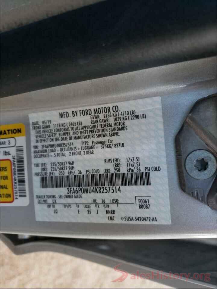 3FA6P0MU4KR257514 2019 FORD FUSION