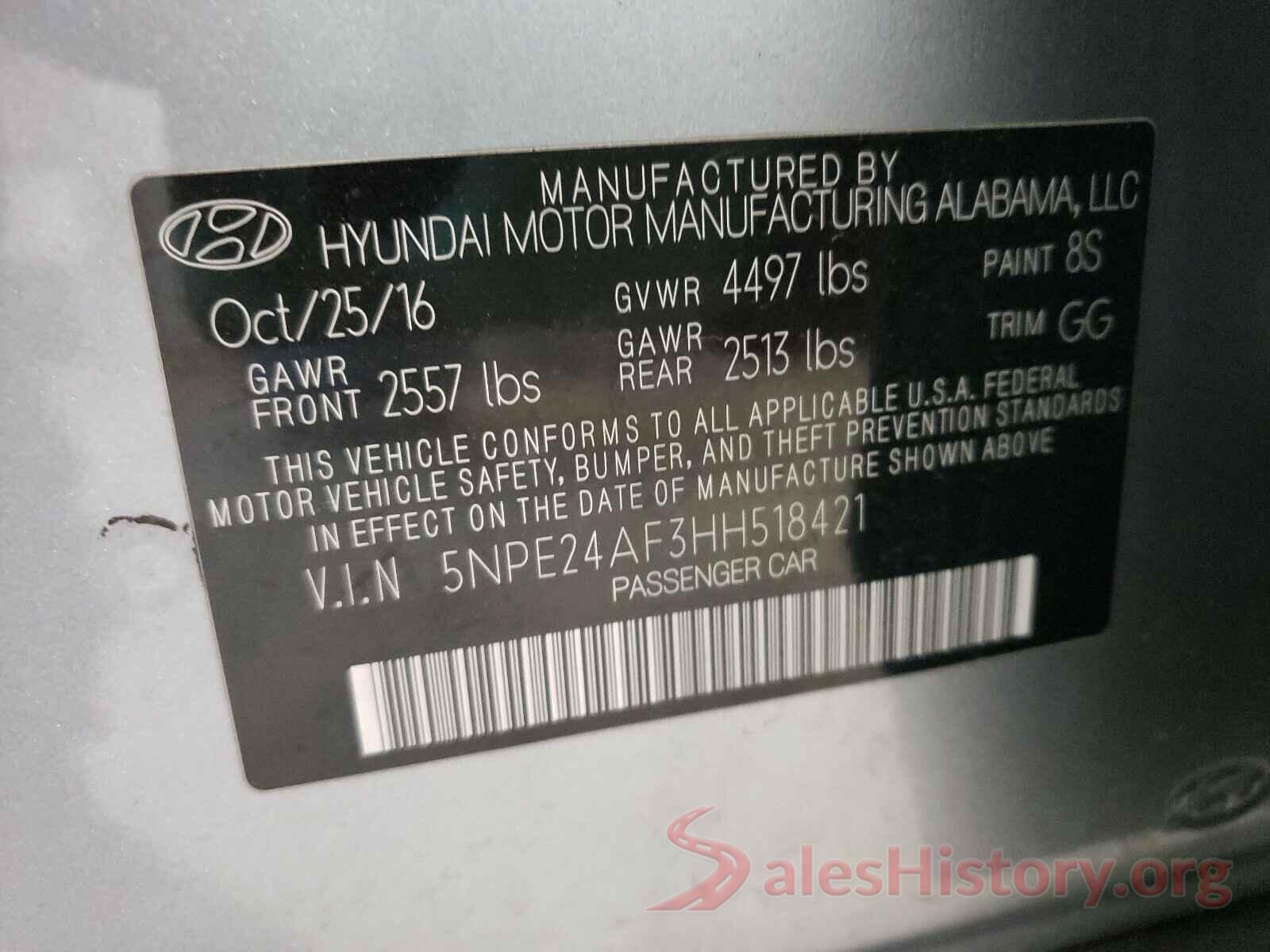 5NPE24AF3HH518421 2017 HYUNDAI SONATA