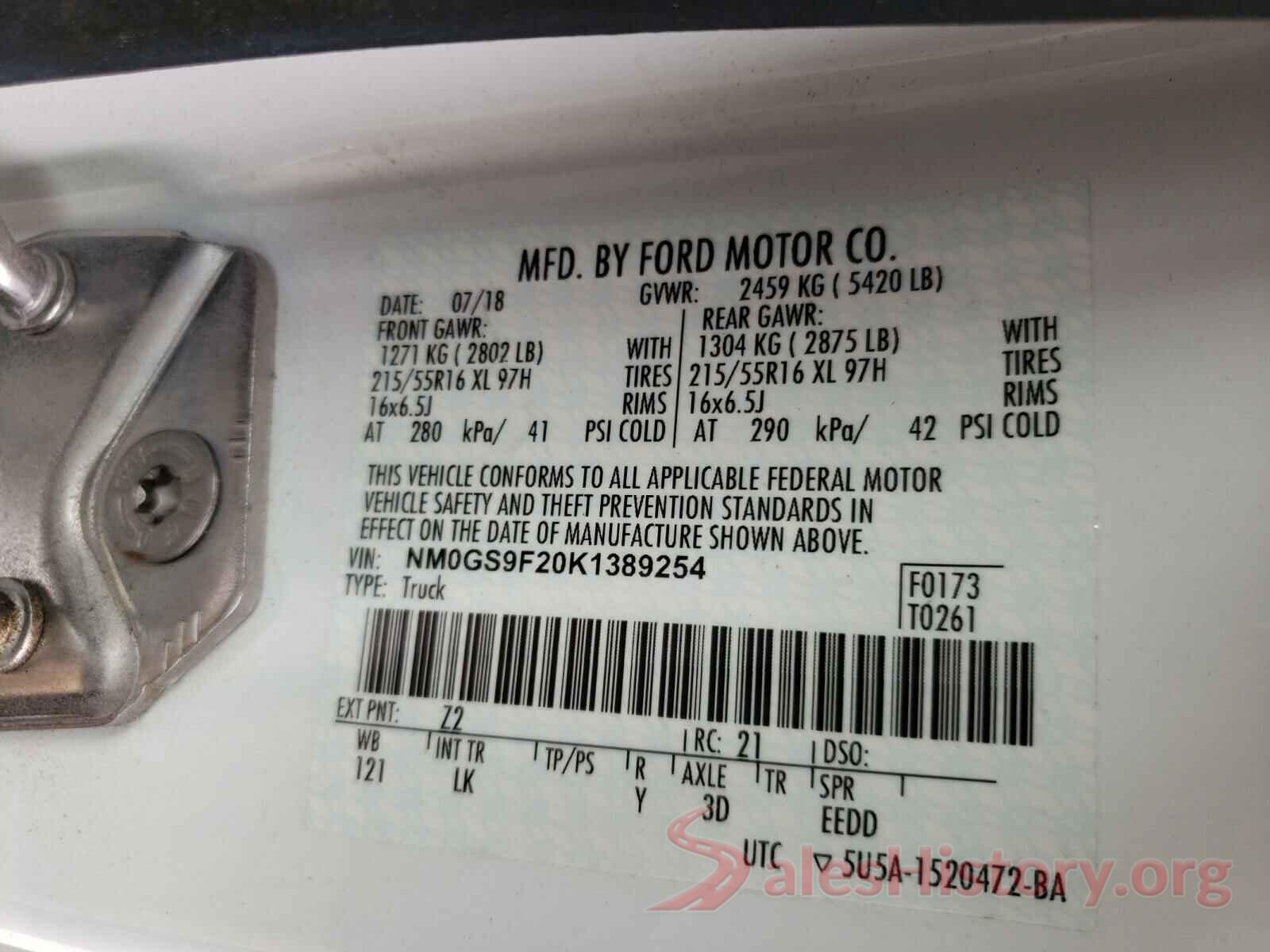 NM0GS9F20K1389254 2019 FORD TRANSIT CO