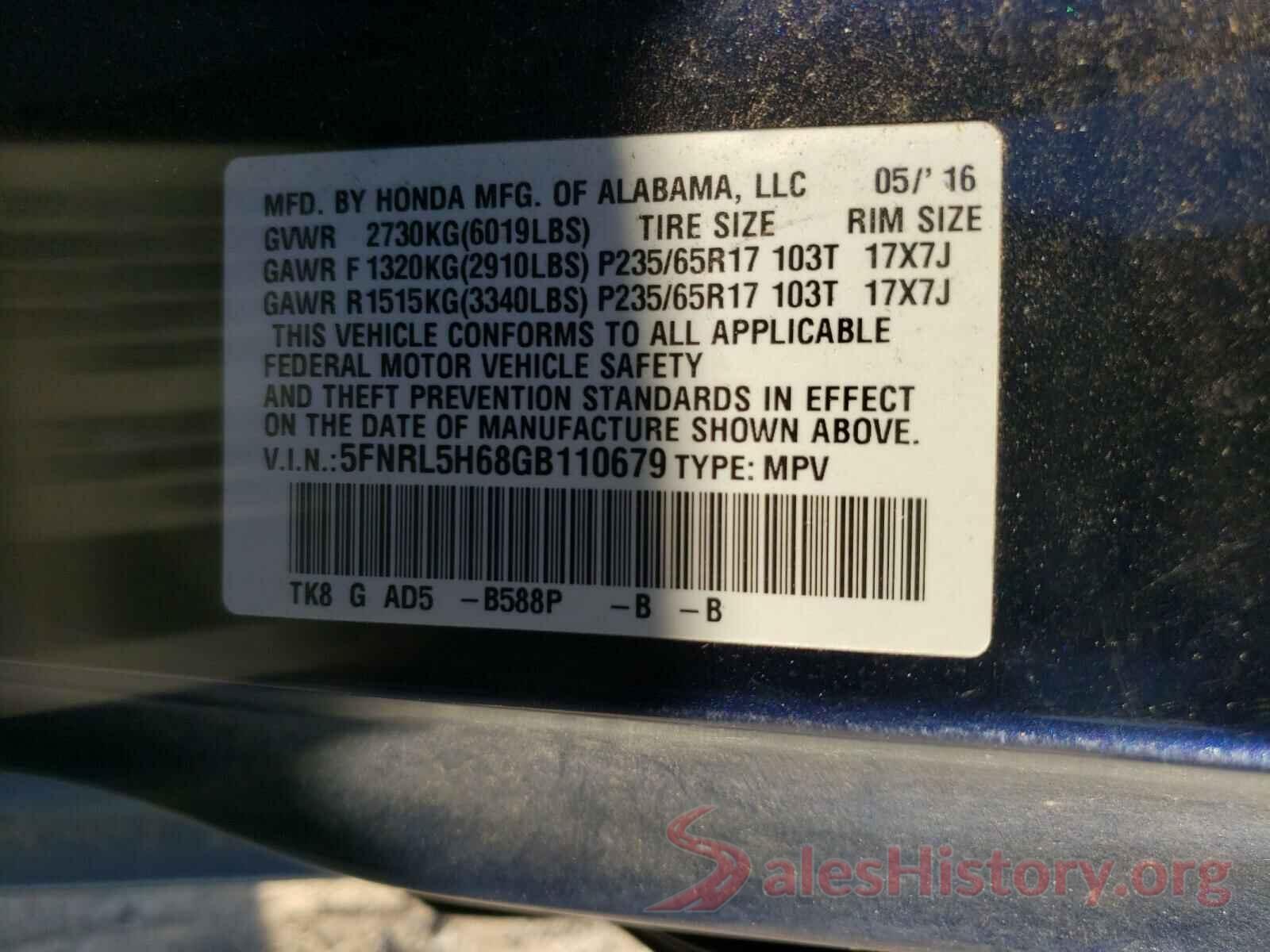 5FNRL5H68GB110679 2016 HONDA ODYSSEY