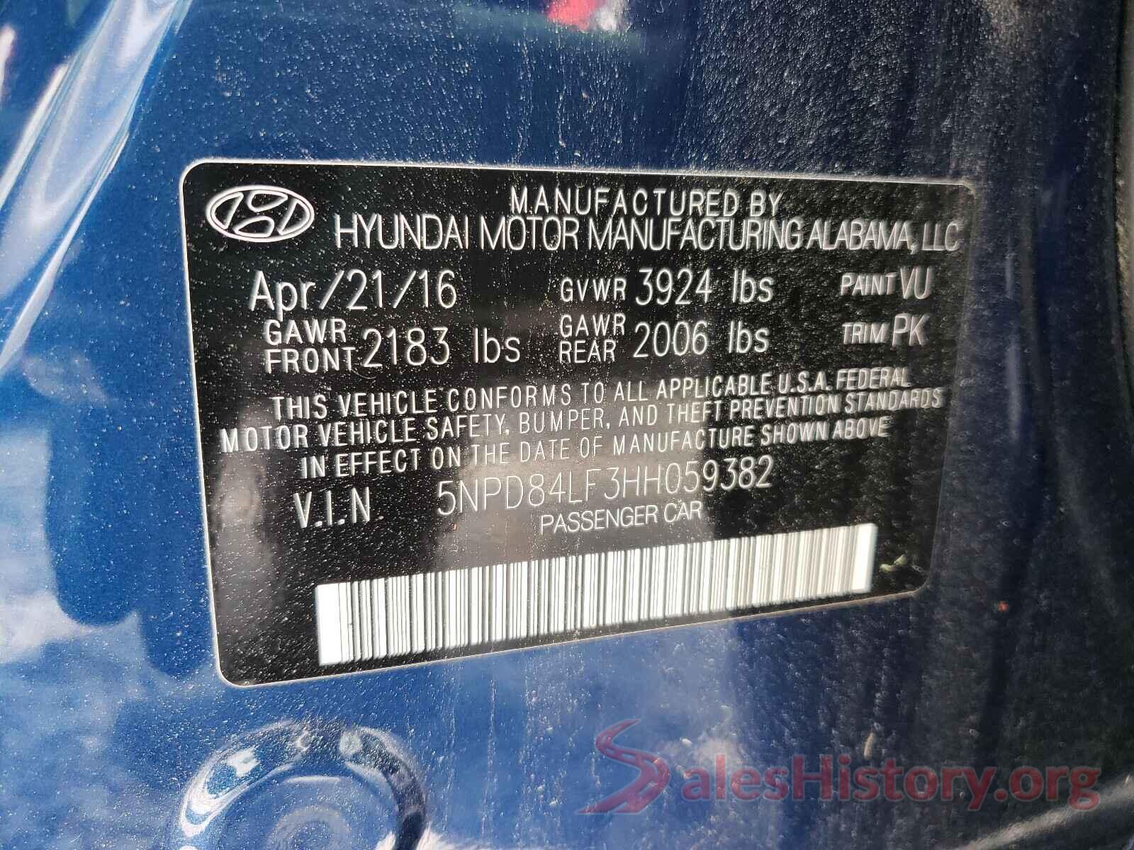 5NPD84LF3HH059382 2017 HYUNDAI ELANTRA