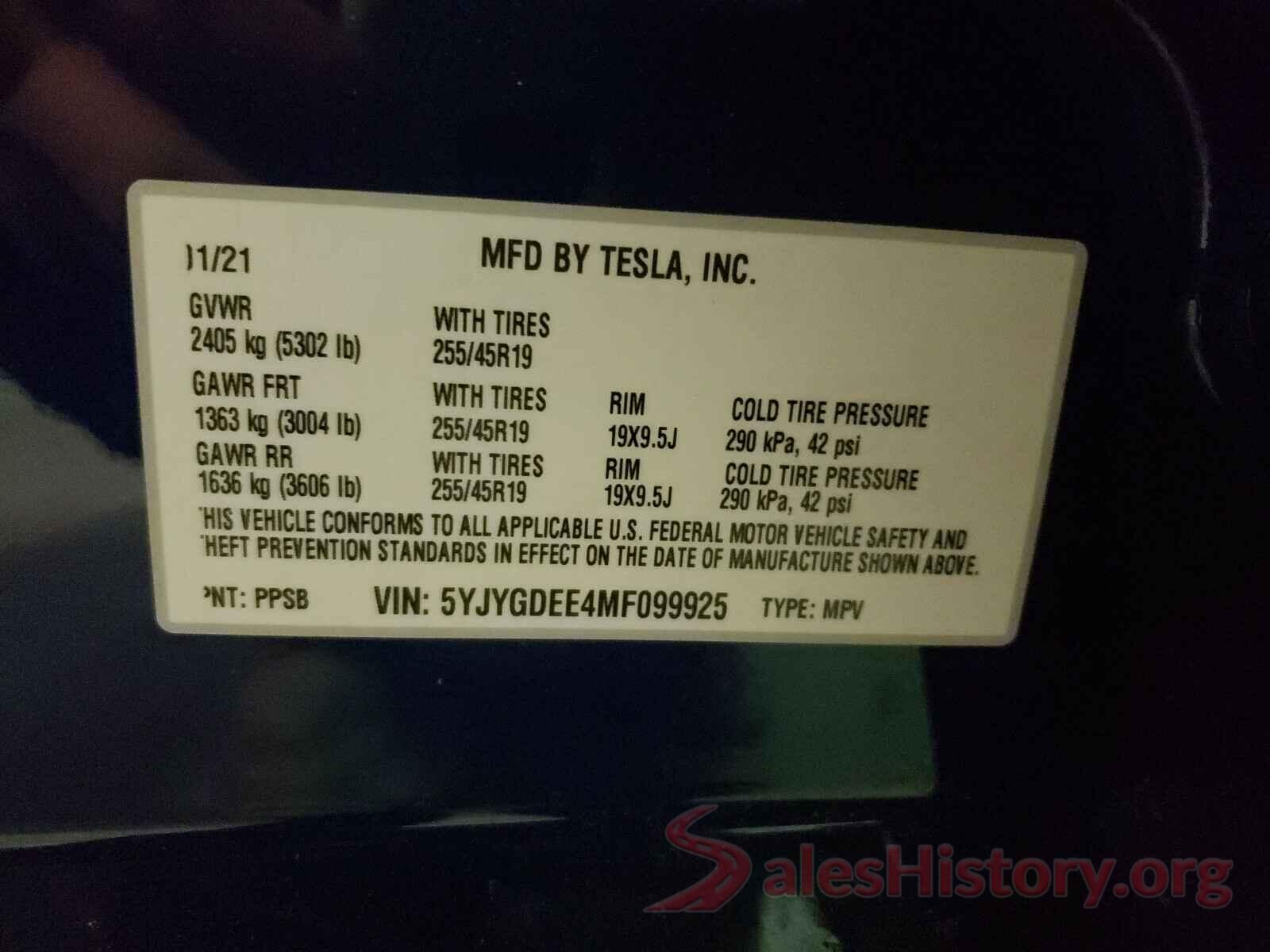 5YJYGDEE4MF099925 2021 TESLA MODEL Y