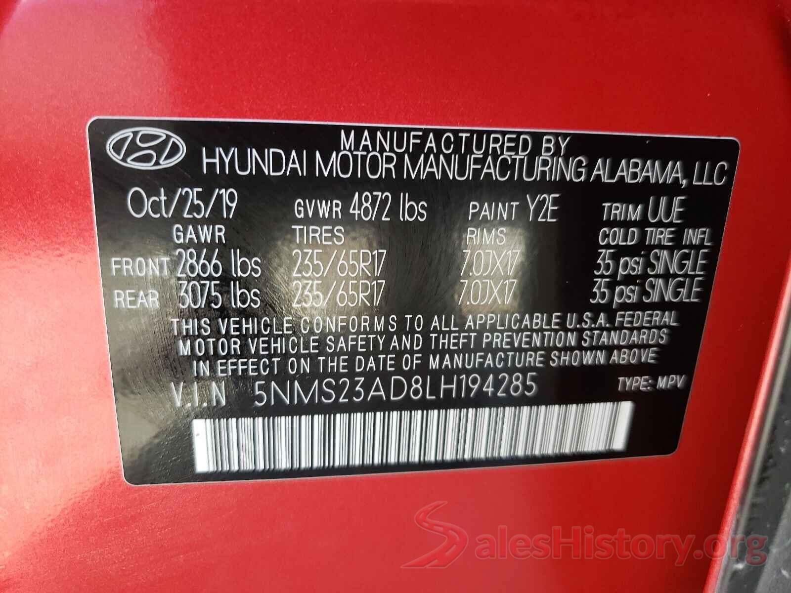 5NMS23AD8LH194285 2020 HYUNDAI SANTA FE