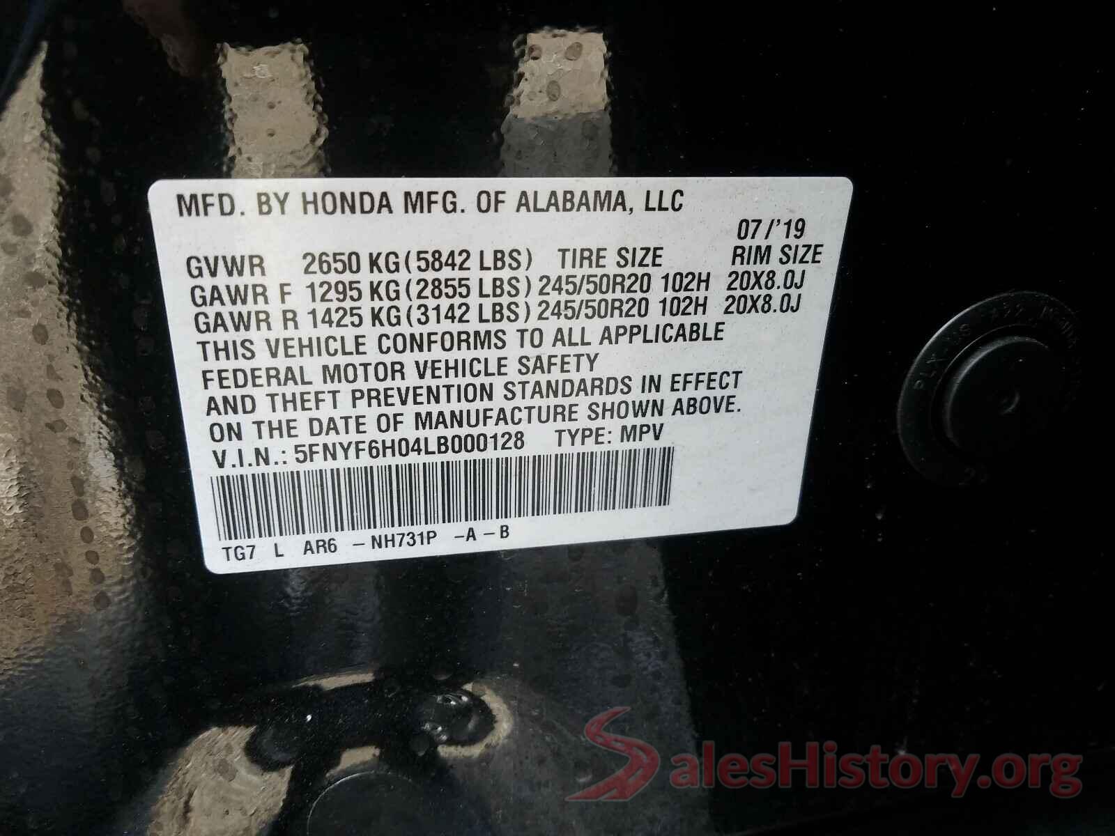 5FNYF6H04LB000128 2020 HONDA PILOT