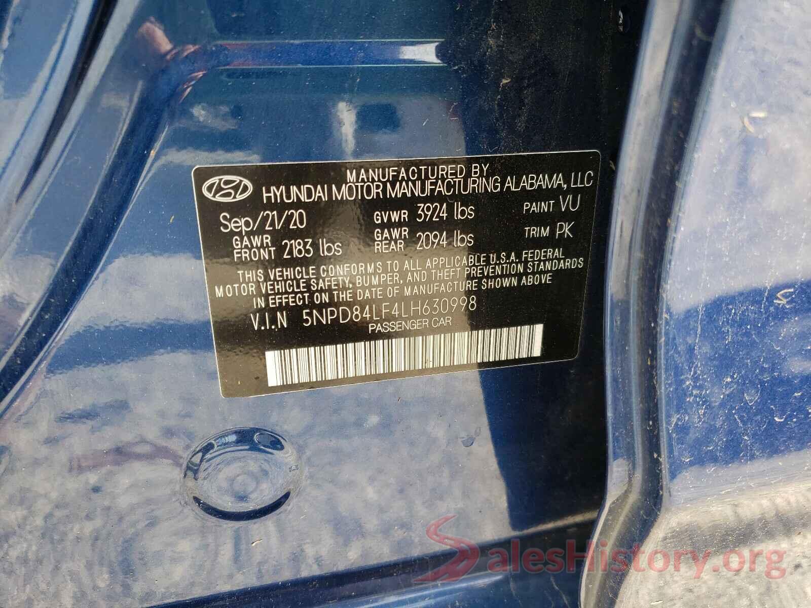 5NPD84LF4LH630998 2020 HYUNDAI ELANTRA