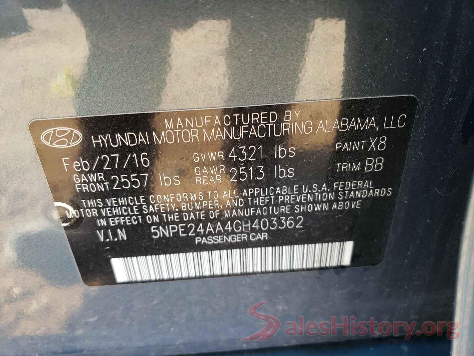 5NPE24AA4GH403362 2016 HYUNDAI SONATA