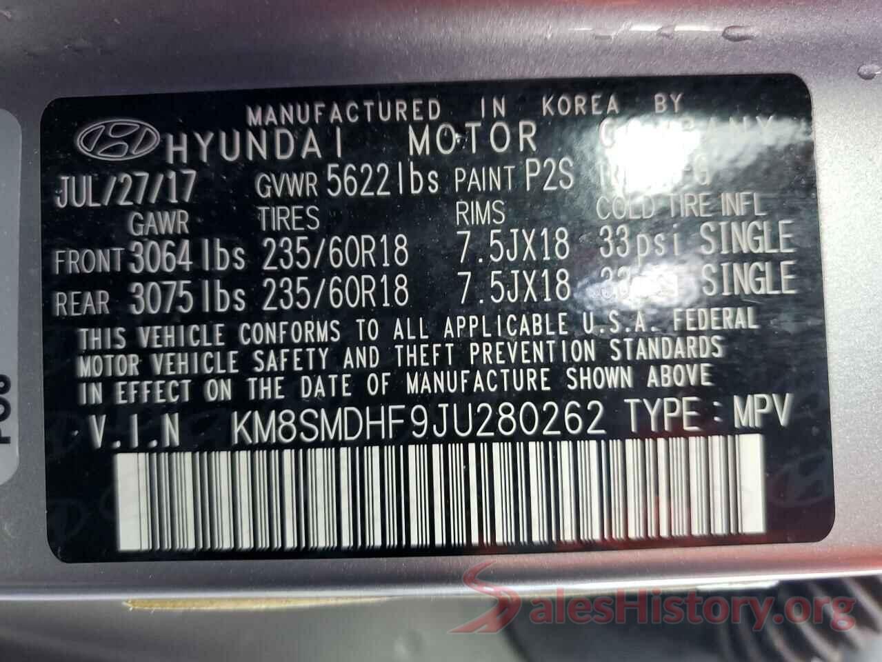 KM8SMDHF9JU280262 2018 HYUNDAI SANTA FE