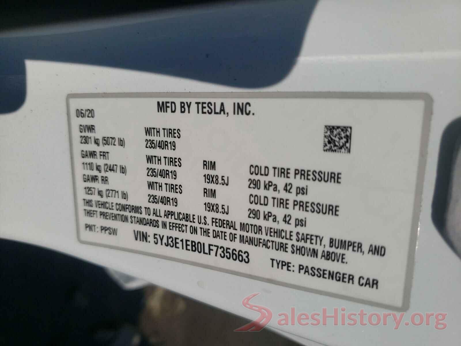 5YJ3E1EB0LF735663 2020 TESLA MODEL 3