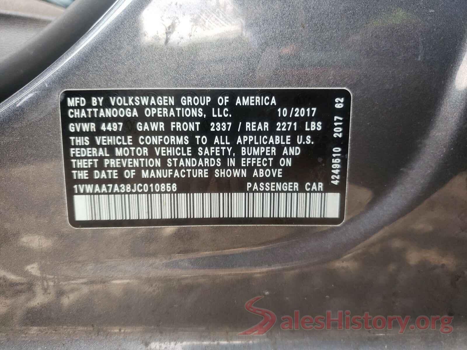 1VWAA7A38JC010856 2018 VOLKSWAGEN PASSAT