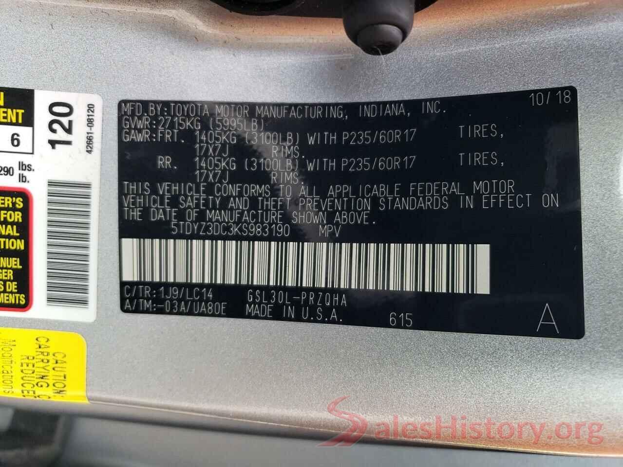 5TDYZ3DC3KS983190 2019 TOYOTA SIENNA