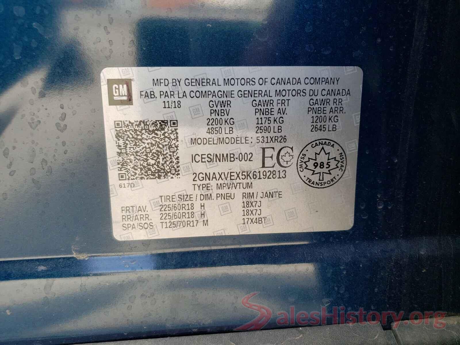 2GNAXVEX5K6192813 2019 CHEVROLET EQUINOX