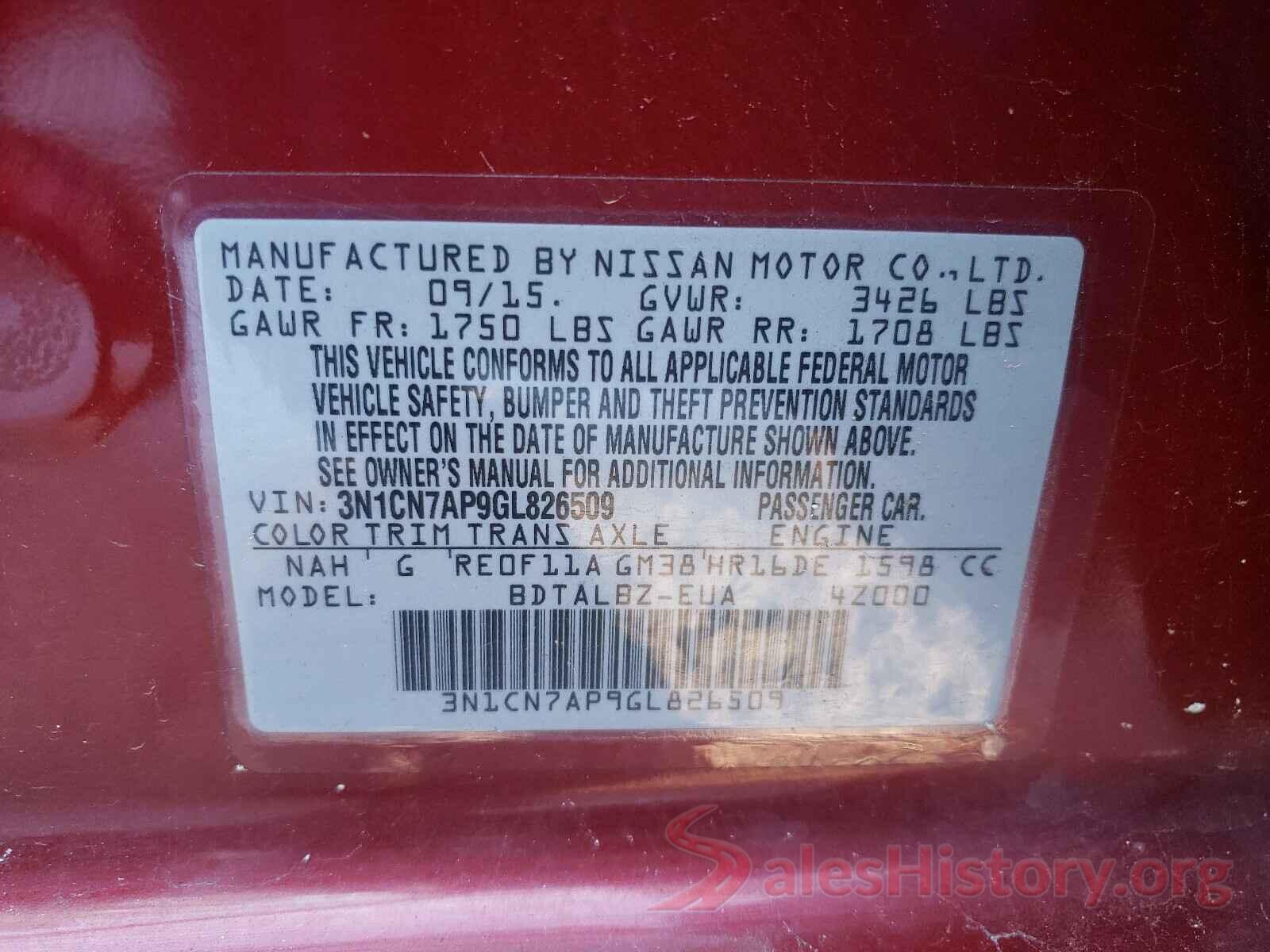 3N1CN7AP9GL826509 2016 NISSAN VERSA