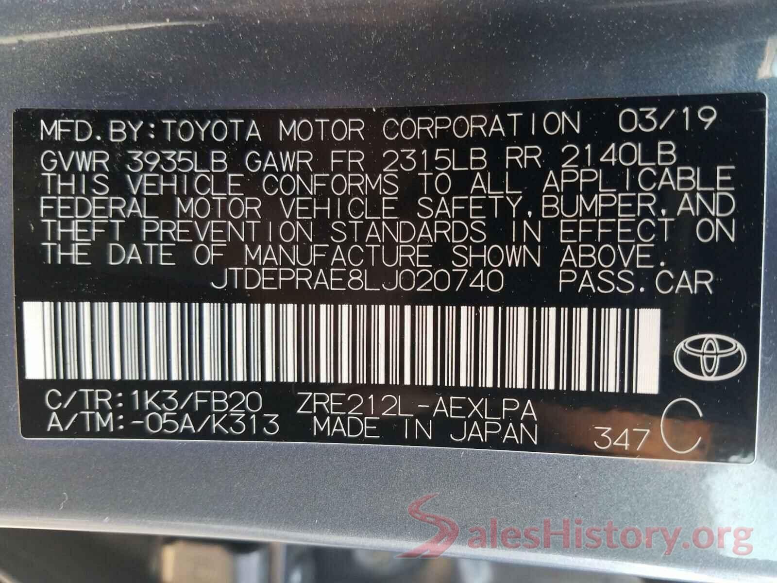 JTDEPRAE8LJ020740 2020 TOYOTA COROLLA