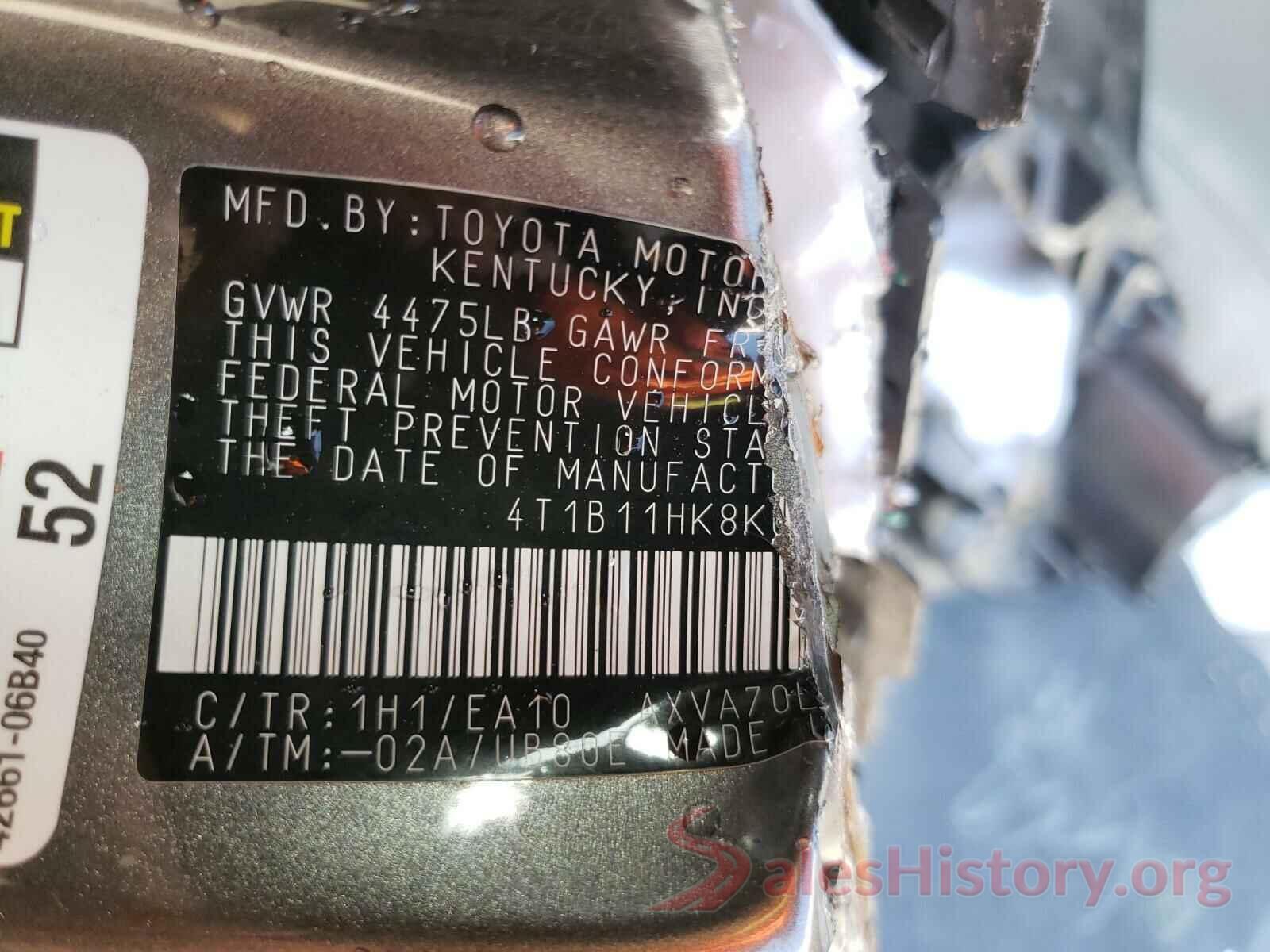 4T1B11HK8KU784422 2019 TOYOTA CAMRY