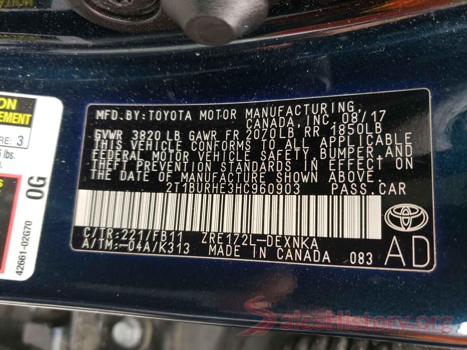 2T1BURHE3HC960903 2017 TOYOTA COROLLA