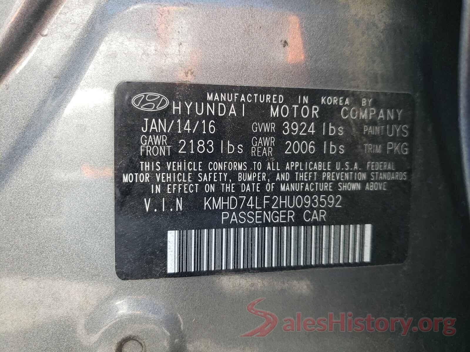 KMHD74LF2HU093592 2017 HYUNDAI ELANTRA