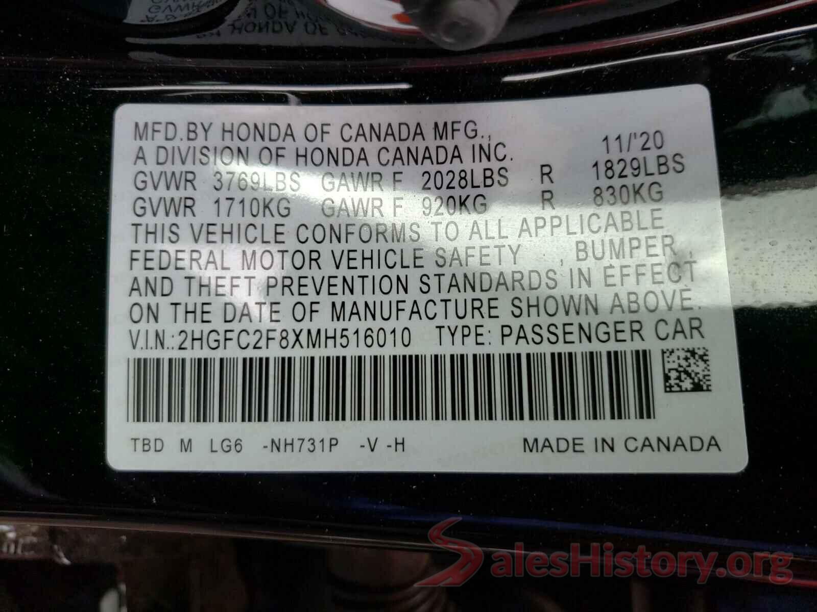 2HGFC2F8XMH516010 2021 HONDA CIVIC