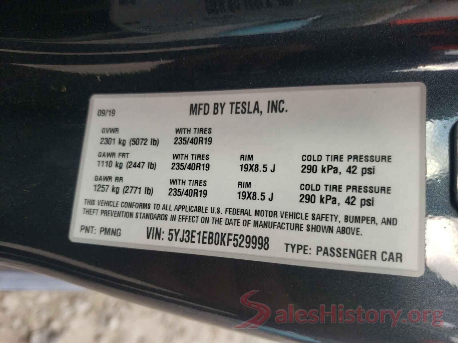 5YJ3E1EB0KF529998 2019 TESLA MODEL 3