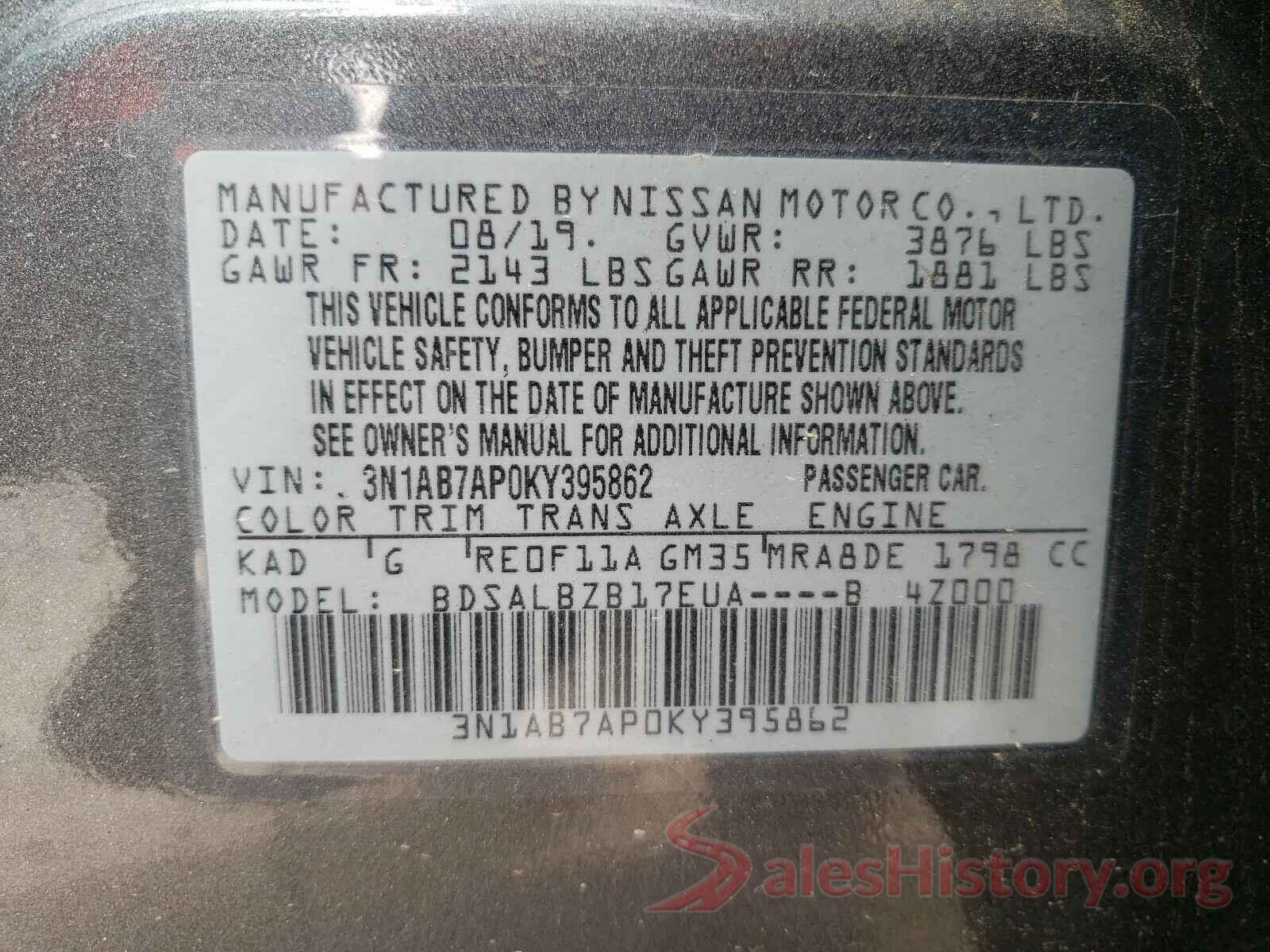 3N1AB7AP0KY395862 2019 NISSAN SENTRA