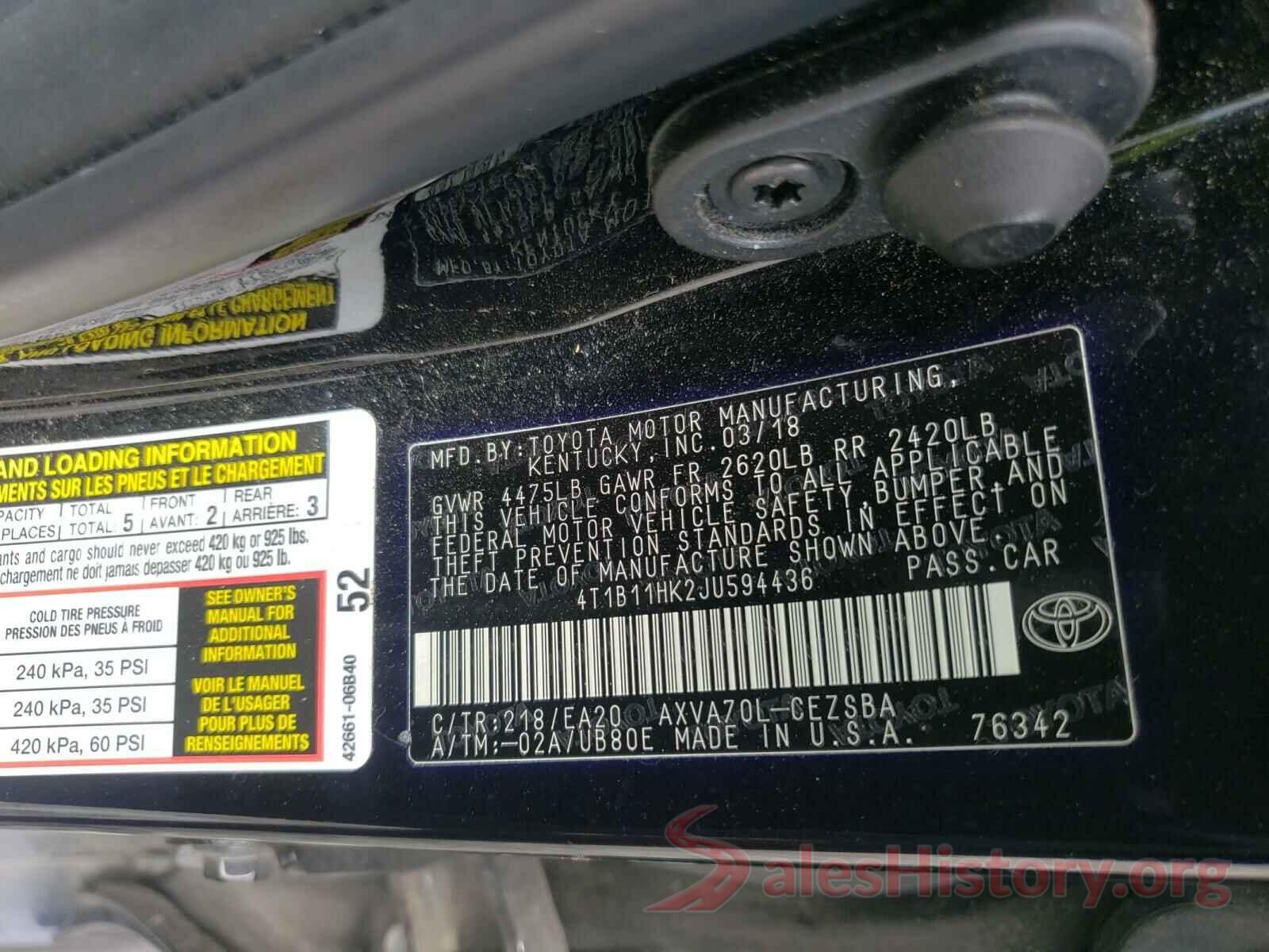 4T1B11HK2JU594436 2018 TOYOTA CAMRY