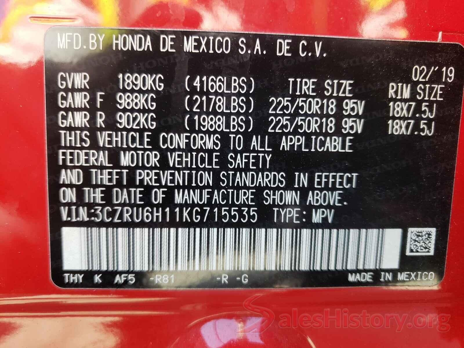 3CZRU6H11KG715535 2019 HONDA HR-V