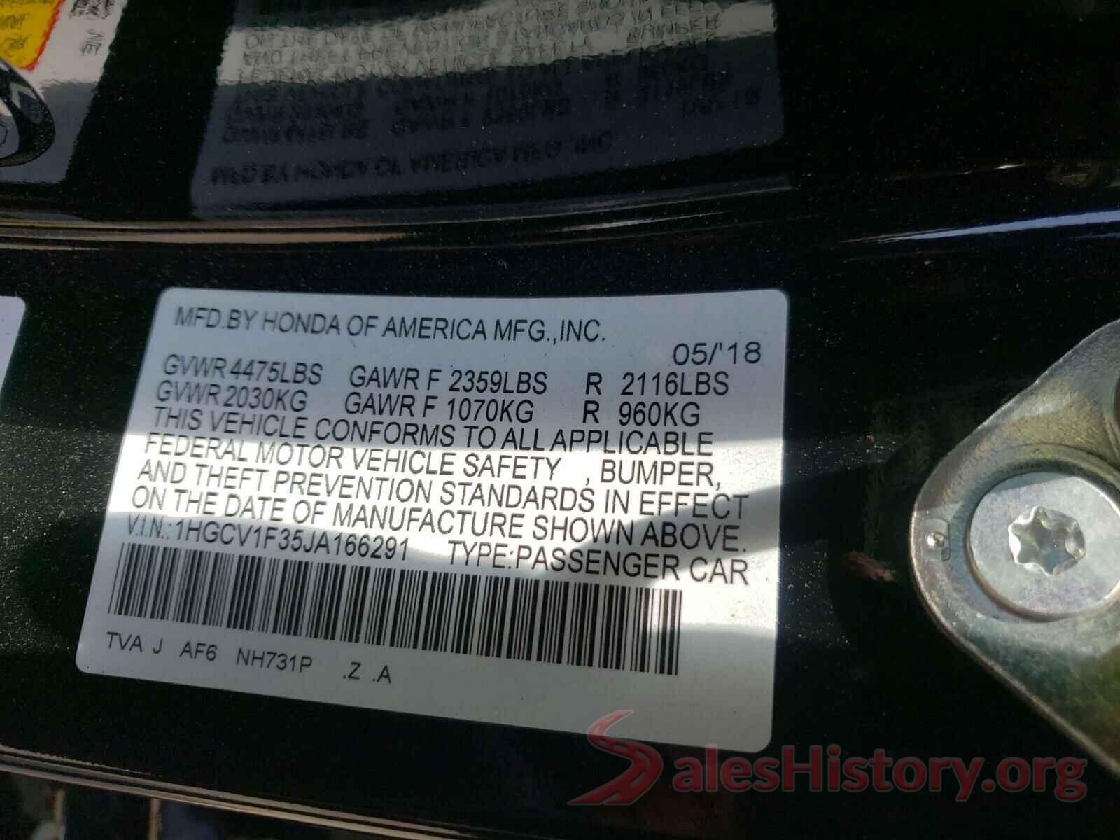 1HGCV1F35JA166291 2018 HONDA ACCORD