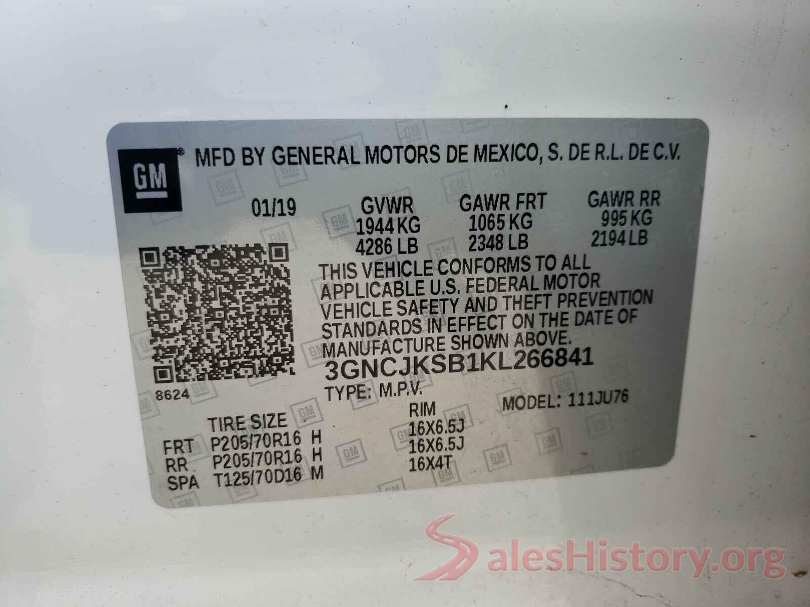 3GNCJKSB1KL266841 2019 CHEVROLET TRAX