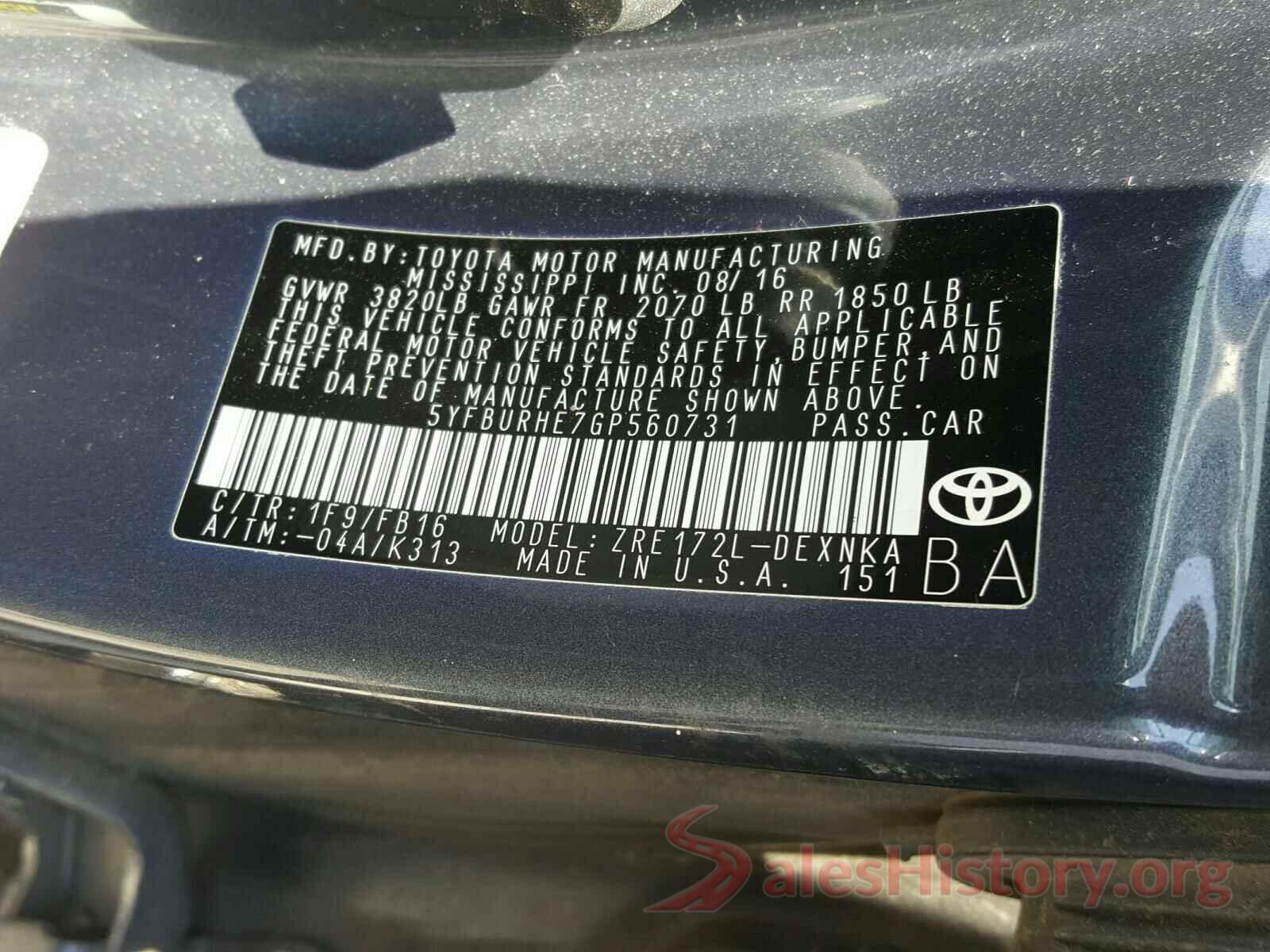 5YFBURHE7GP560731 2016 TOYOTA COROLLA