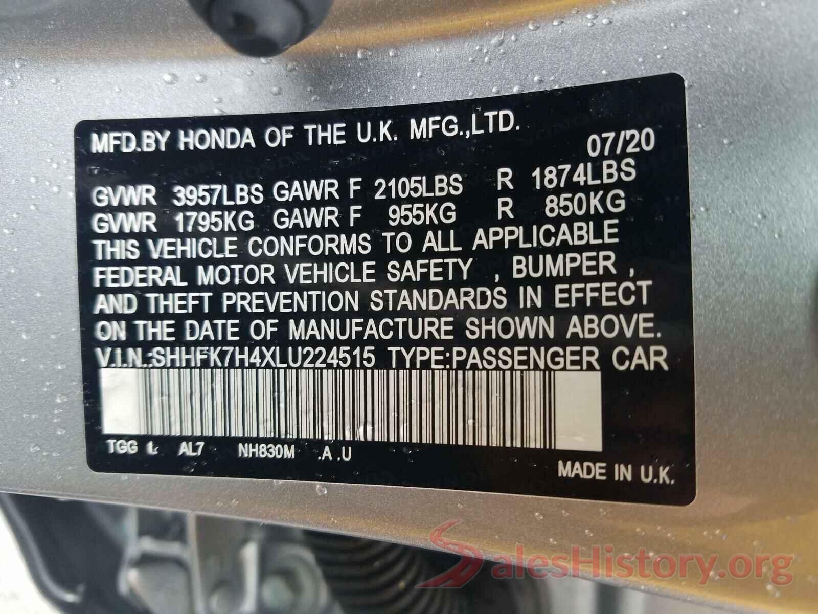 SHHFK7H4XLU224515 2020 HONDA CIVIC