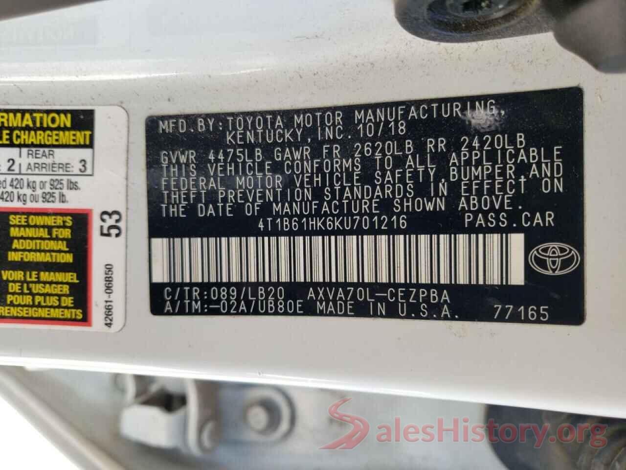 4T1B61HK6KU701216 2019 TOYOTA CAMRY