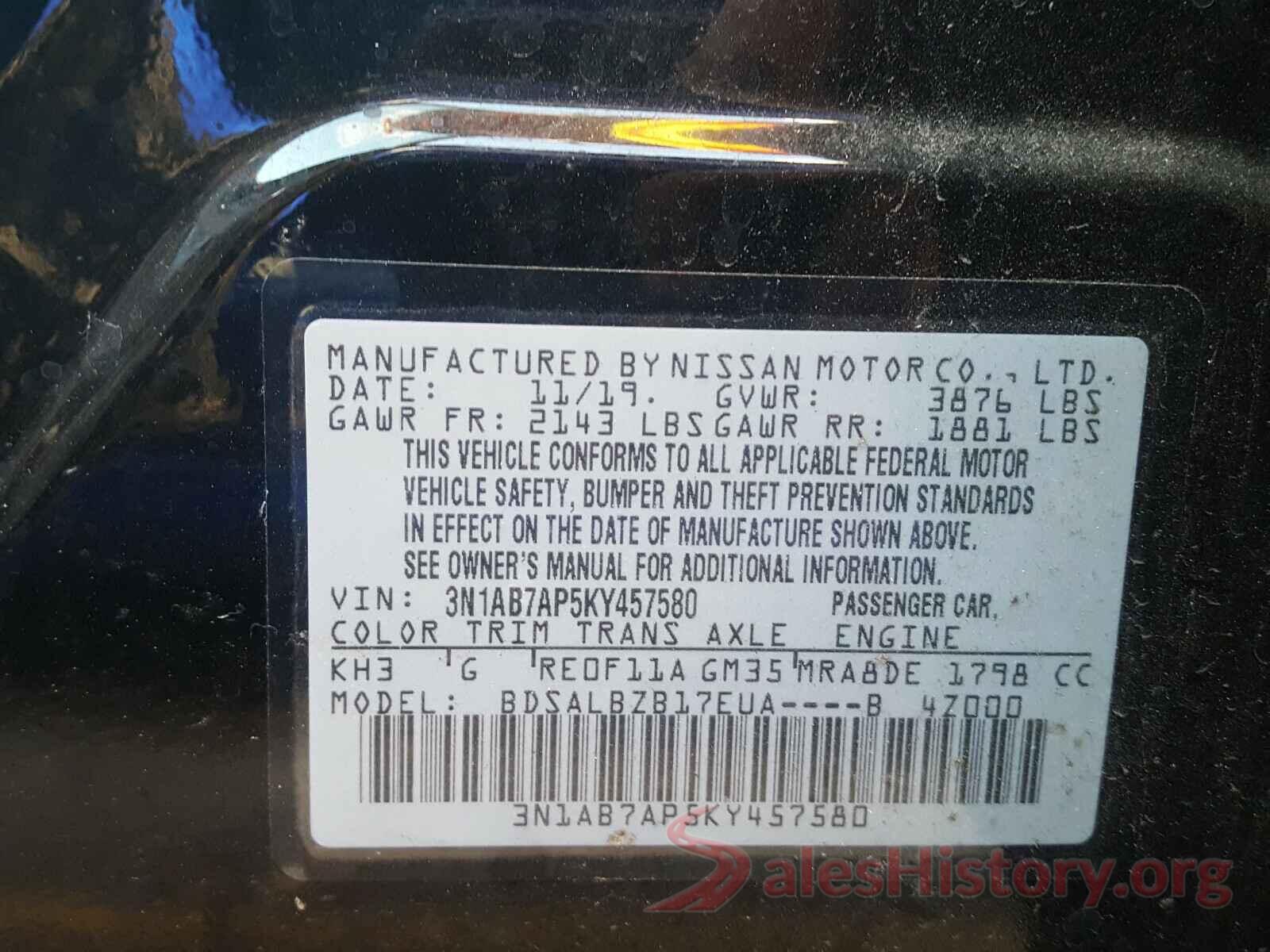 3N1AB7AP5KY457580 2019 NISSAN SENTRA