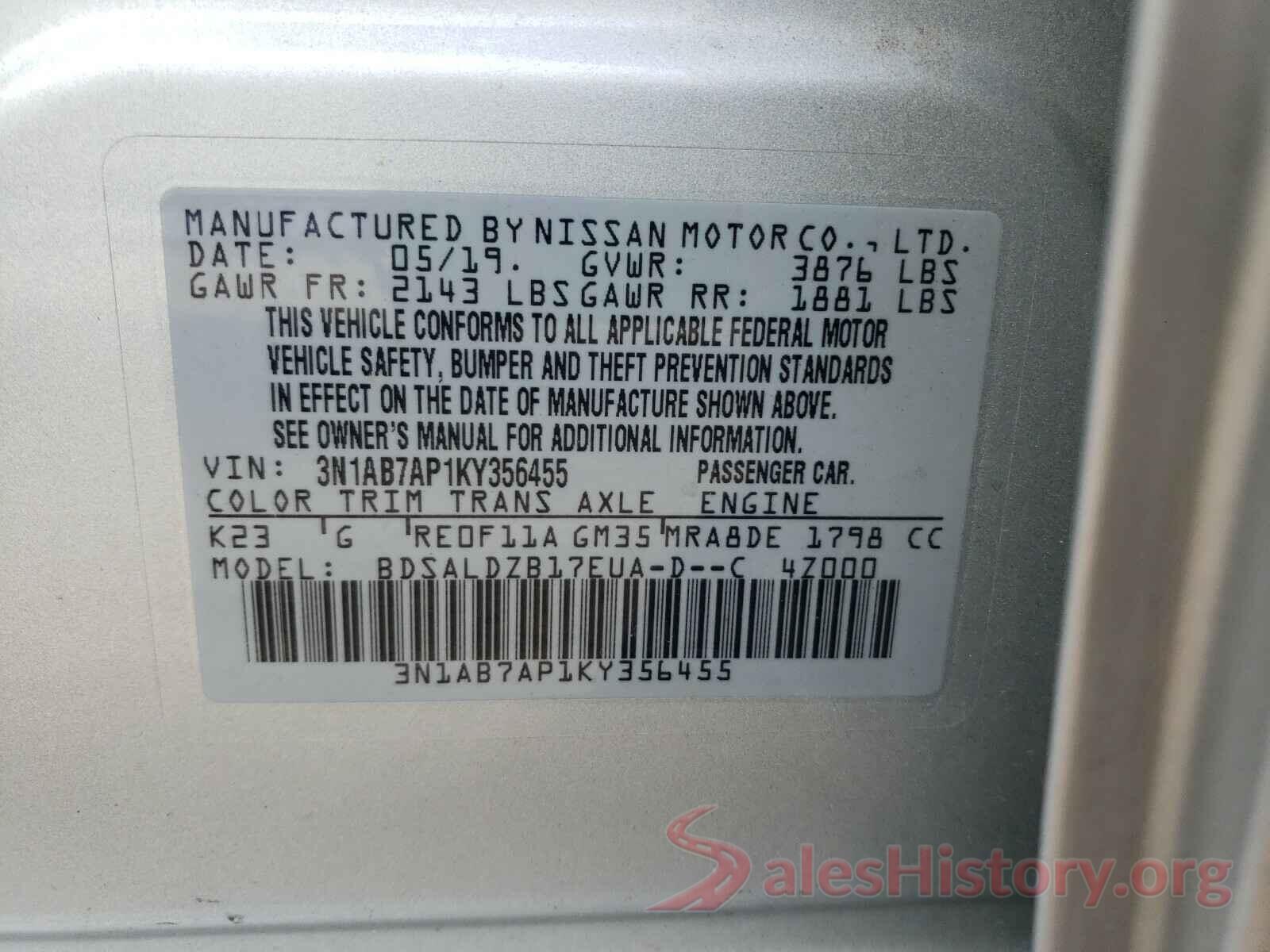 3N1AB7AP1KY356455 2019 NISSAN SENTRA