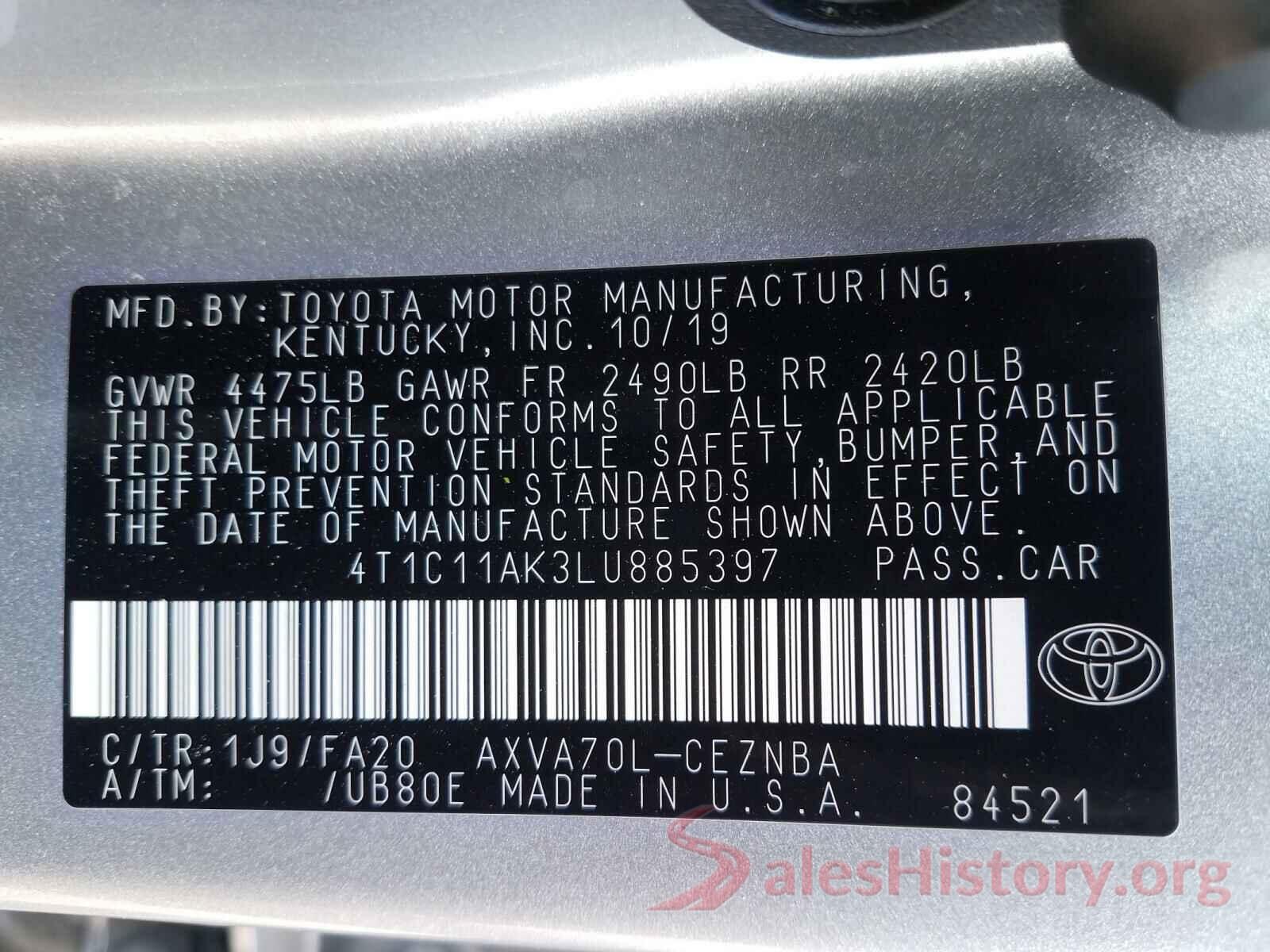 4T1C11AK3LU885397 2020 TOYOTA CAMRY