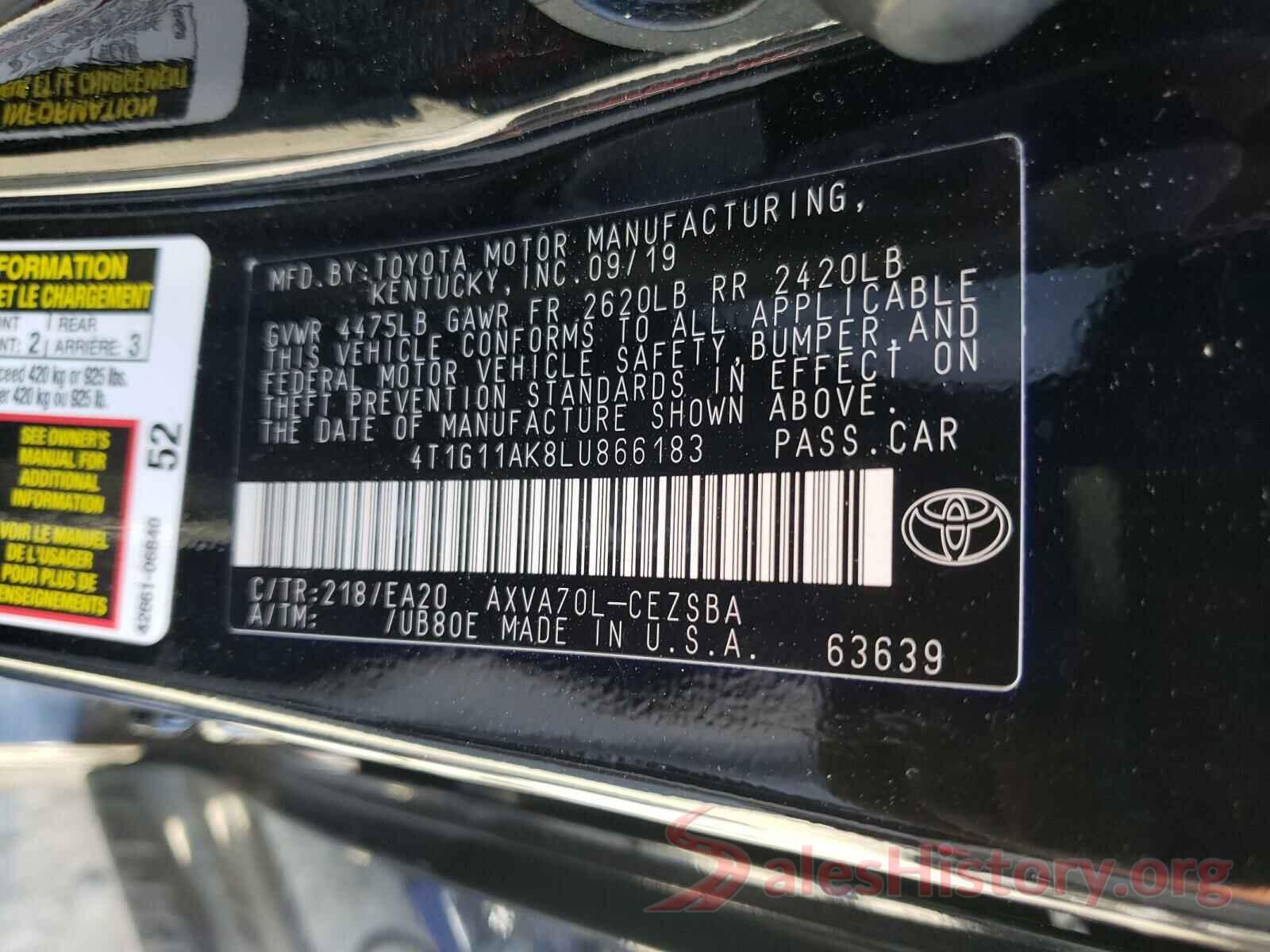 4T1G11AK8LU866183 2020 TOYOTA CAMRY