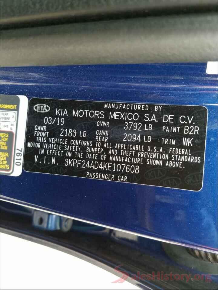 3KPF24AD4KE107608 2019 KIA FORTE