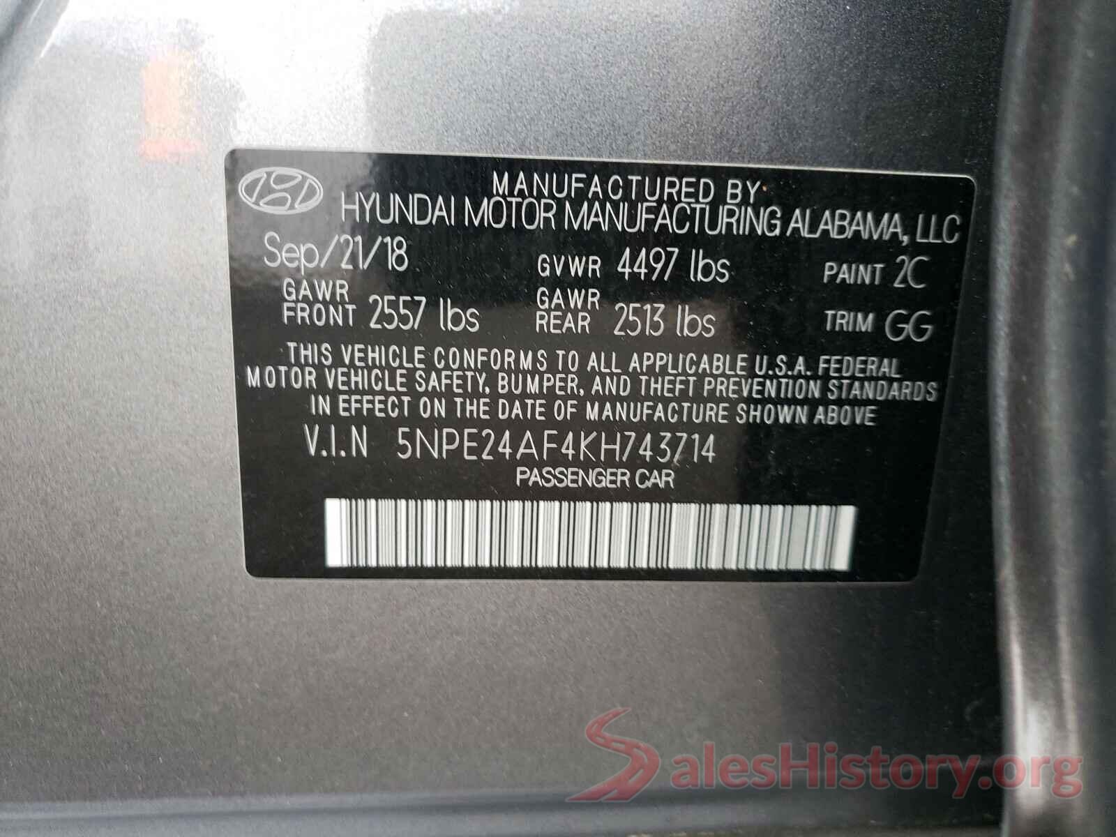 5NPE24AF4KH743714 2019 HYUNDAI SONATA