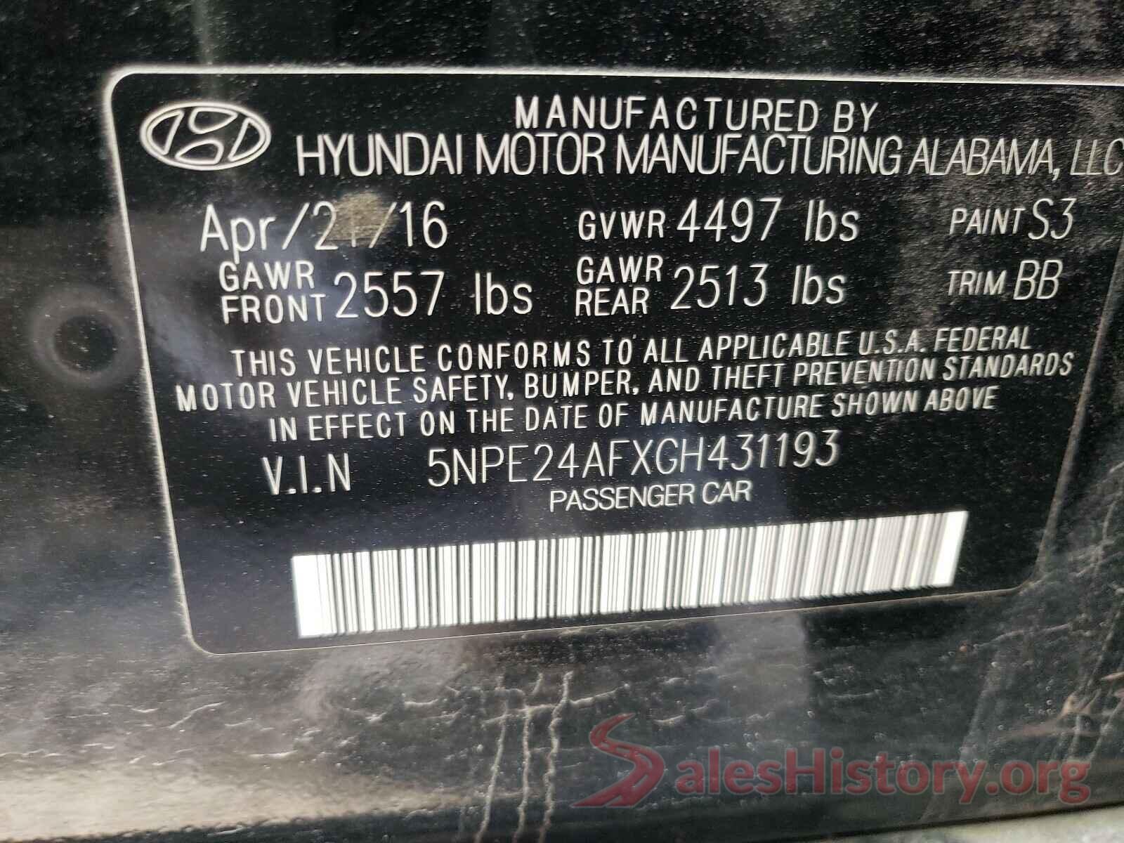 5NPE24AFXGH431193 2016 HYUNDAI SONATA