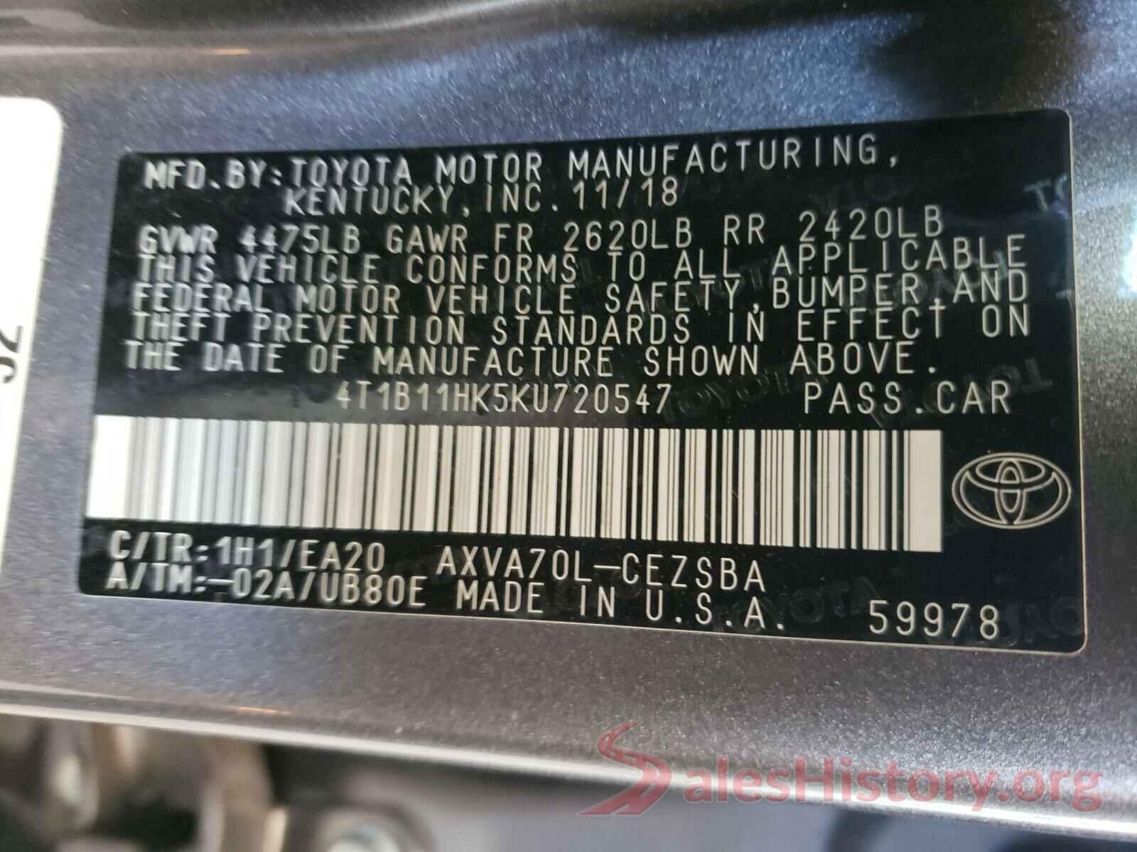 4T1B11HK5KU720547 2019 TOYOTA CAMRY