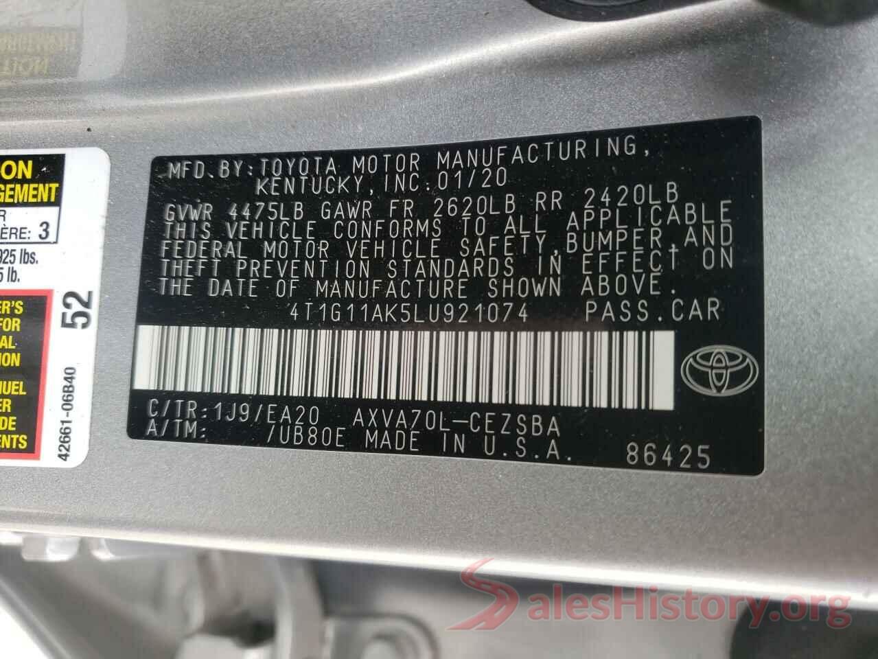 4T1G11AK5LU921074 2020 TOYOTA CAMRY