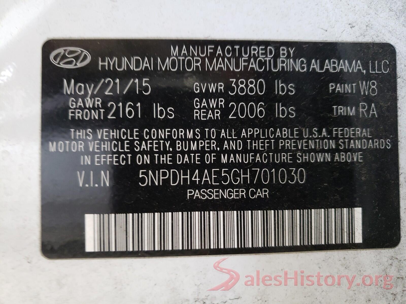 5NPDH4AE5GH701030 2016 HYUNDAI ELANTRA