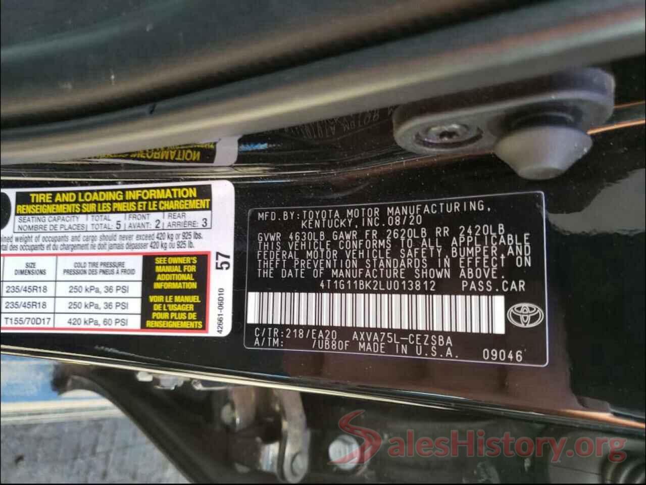 4T1G11BK2LU013812 2020 TOYOTA CAMRY