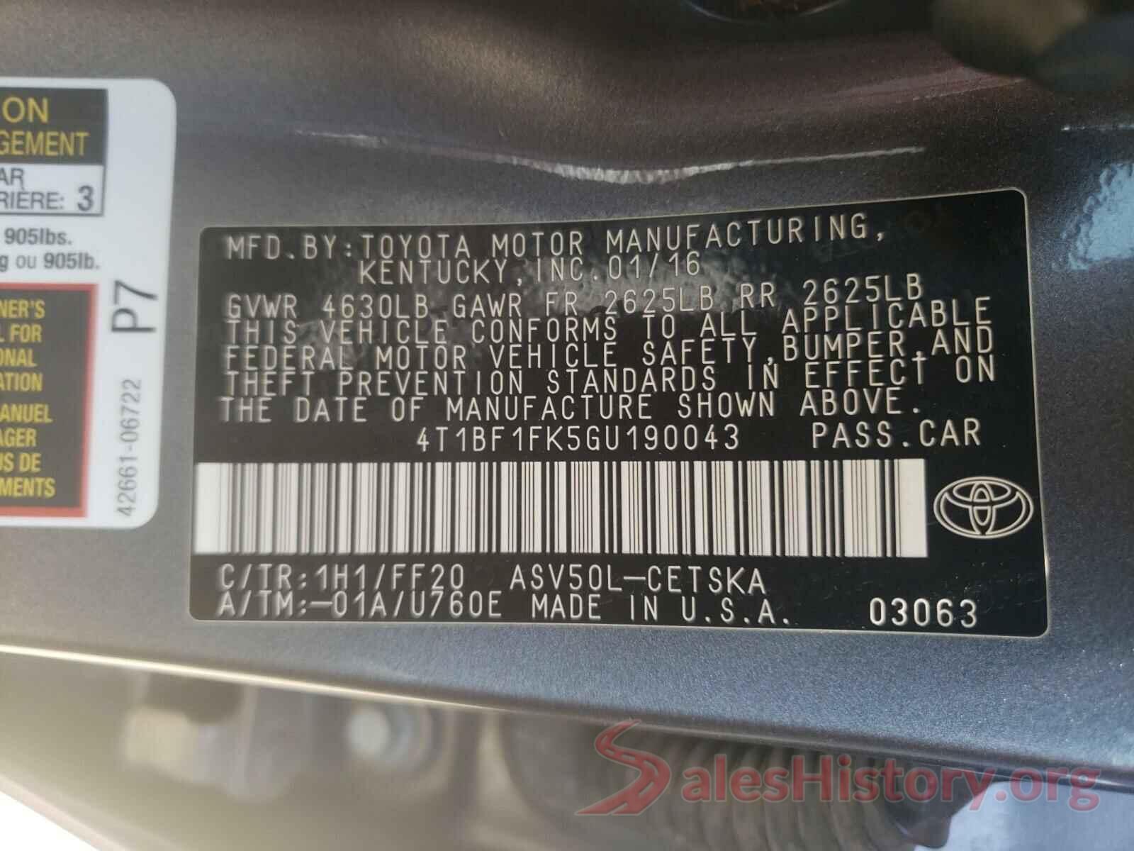 4T1BF1FK5GU190043 2016 TOYOTA CAMRY