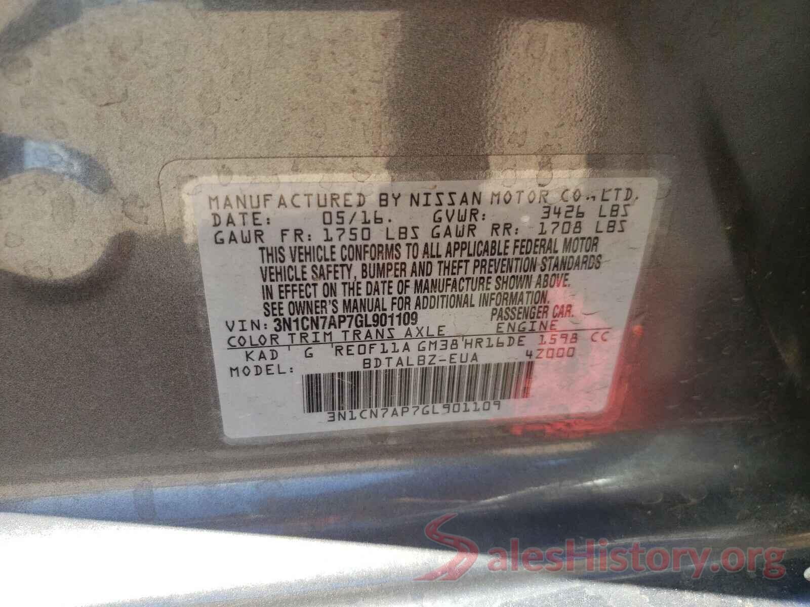 3N1CN7AP7GL901109 2016 NISSAN VERSA