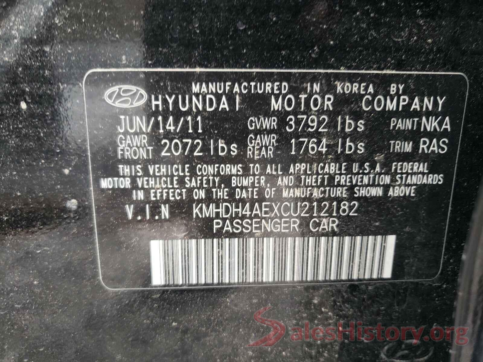 KMHDH4AEXCU212182 2012 HYUNDAI ELANTRA