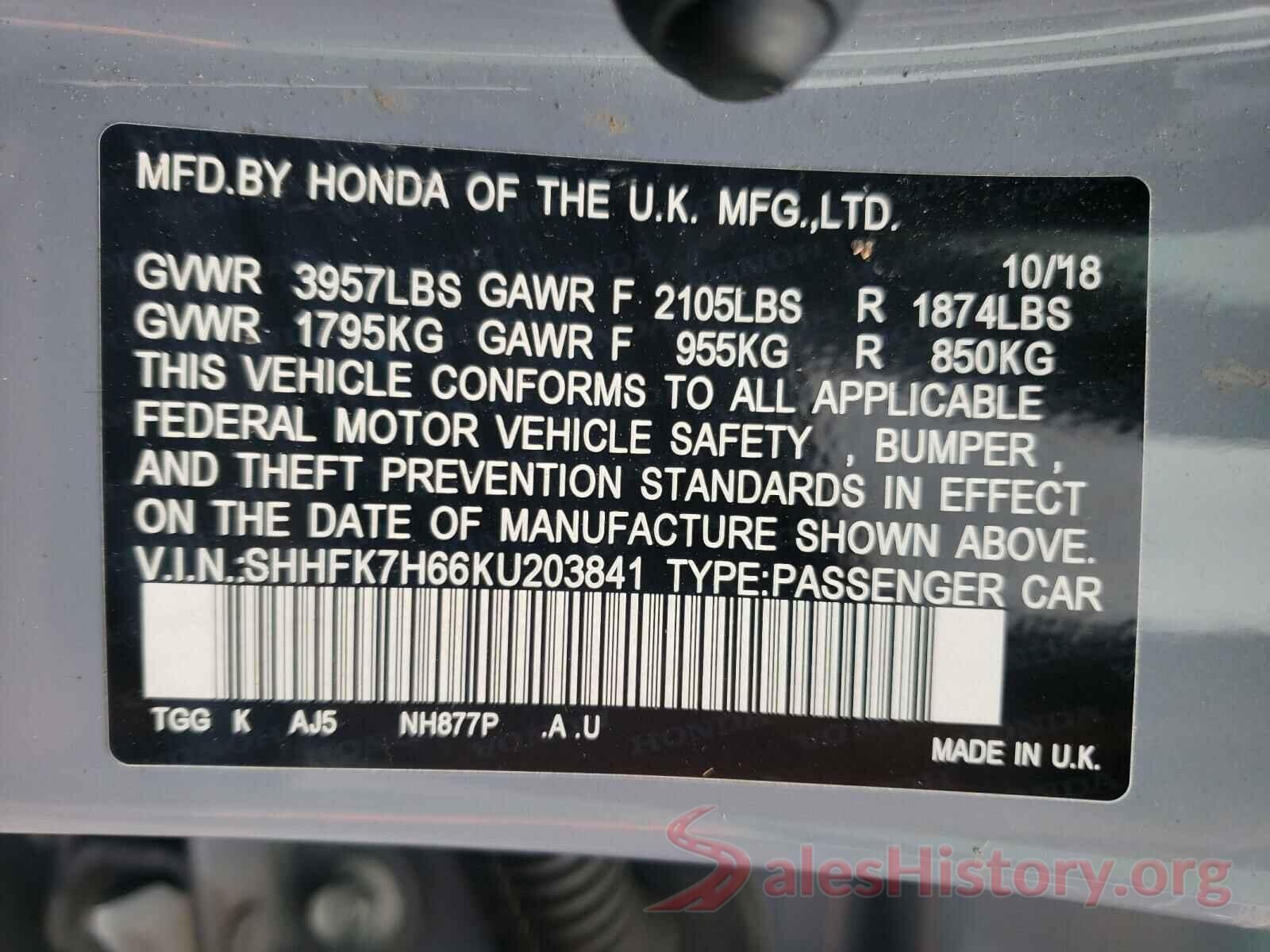 SHHFK7H66KU203841 2019 HONDA CIVIC