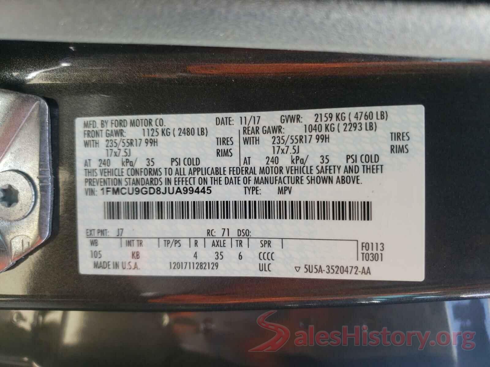 1FMCU9GD8JUA99445 2018 FORD ESCAPE