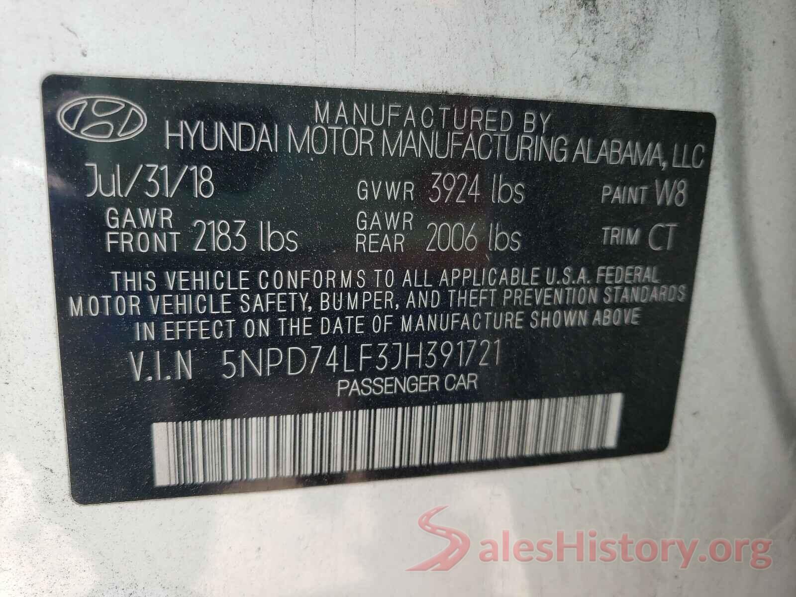 5NPD74LF3JH391721 2018 HYUNDAI ELANTRA