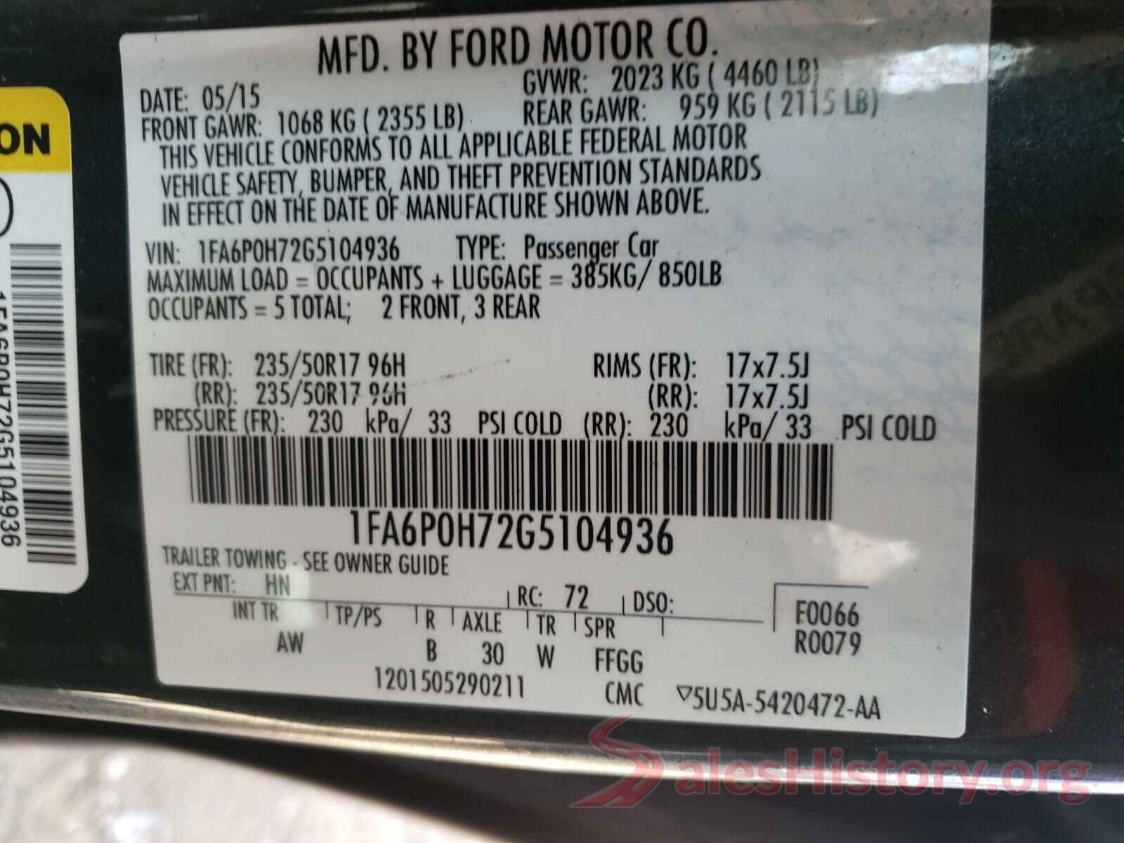 1FA6P0H72G5104936 2016 FORD FUSION