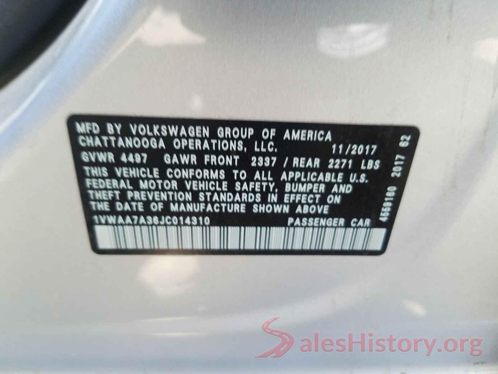 1VWAA7A36JC014310 2018 VOLKSWAGEN PASSAT